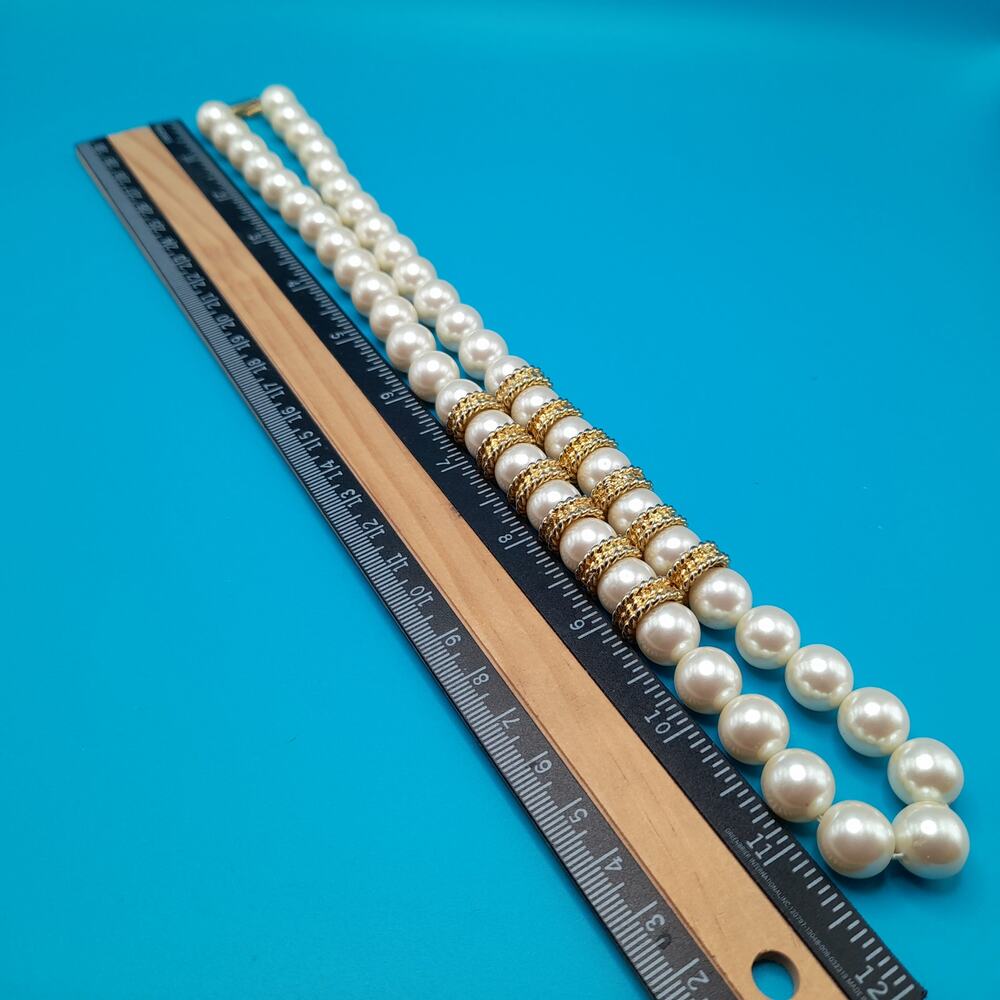 Vintage Glass Pearl Necklace, Gold Tone Accents, 24 Inches - Picture 8 of 10